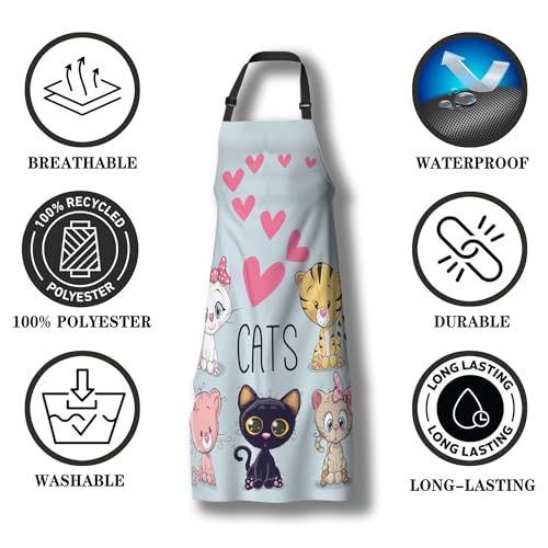 Chef Apron for Women Cute Cartoon Cats and Hearts Mans Aprons for Grilling for Kitchen Cooking Restaurant BBQ Painting Crafting 27” (W) x 31” (H), Waterproof Apron - color: Cats and Hearts