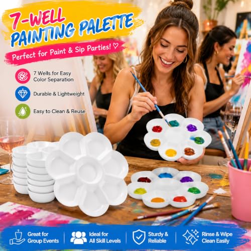 15 Pack Paint Tray Palettes with 7 Wells, White Plastic Paint Mixing Tray Watercolor Painting Dish for Oil Art, Gouache, Kids Adults Painters, Easy to Clean