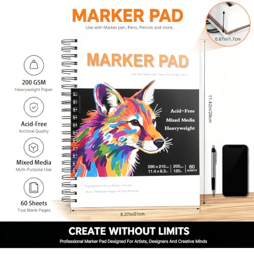 Marker Pad 8.3x11.4 Inch A4– 60 Sheets, 200gsm, Spiral Sketchbook | Bleed-Proof Drawing Paper for Alcohol Markers, Colored Pencils & Mixed Media | Acid-Free Art Pad for Artists & Adults - size: 8.3x11.4