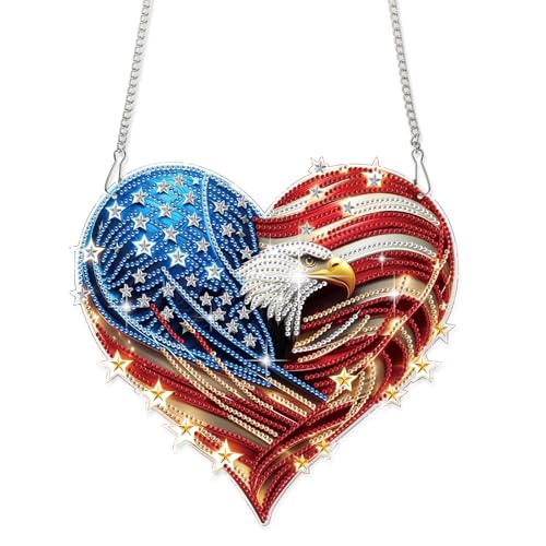 4th of July Diamond Art Hanging Kits for Adults, American Eagle Pendant | DIY Diamond Painting Suncatchers Kits, Acrylic Home Garden Decor with Chain, Independence Day Craft - color: American Flag Eagle