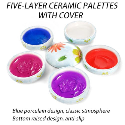 Yesland Ceramic Paint Palette, 5 Layers Stackable Mixing Trays Set, Round Porcelain Watercolor Palettes Sauce Dishes with Lid for Artist Gouache Pigment Chinese Watercolor Ink Mixing, Flower Pattern