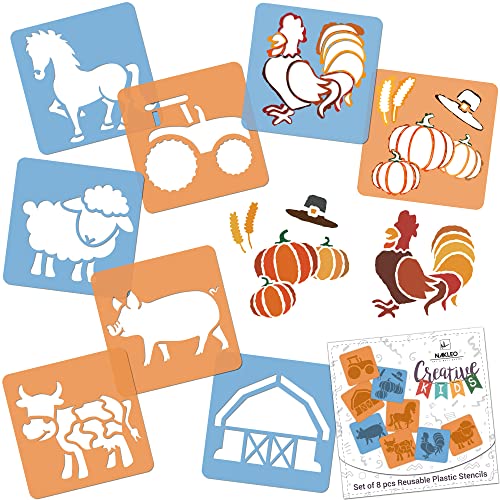 NAKLEO Painting Stencils for Kids, 8 Pcs Set 6x6” Farm Animals, Children Creative Drawing Templates Plastic and Reusable, DIY Decoration Arts and Crafts, Paper Wall Wood Fabric - color: FARM ANIMALS