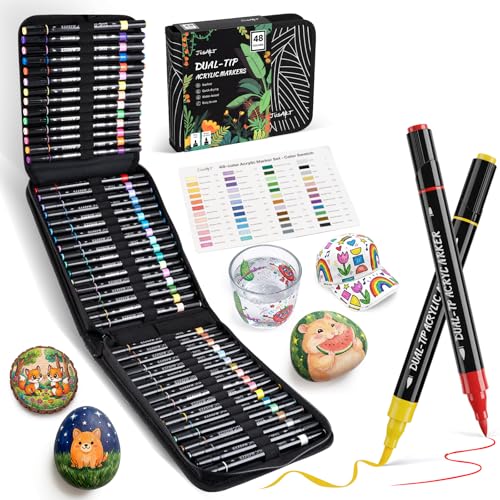 JusArt Acrylic Paint Markers 48 Colors, Dual Tip Art Supplies with Canvas | Acrylic Markers for Kids, Paint Pens for Wood Glass Fabric, School Supplies & Classroom Must Haves, Great Gift for Artists. - color: Canvas Bag - 48 Colors