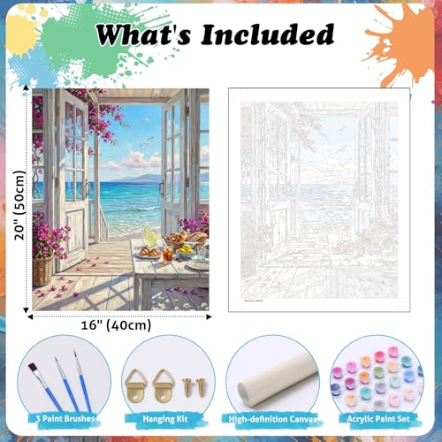 TOCOHANALOGY Paint by Numbers Kit for Adults, Beach Landscape DIY Number Painting for Adults Beginner, Flower Adult Paint by Number Kits on Canvas for Home Wall Decor 16x20in