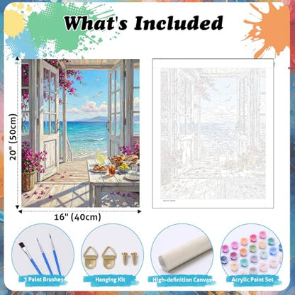 TOCOHANALOGY Paint by Numbers Kit for Adults, Beach Landscape DIY Number Painting for Adults Beginner, Flower Adult Paint by Number Kits on Canvas for Home Wall Decor 16x20in