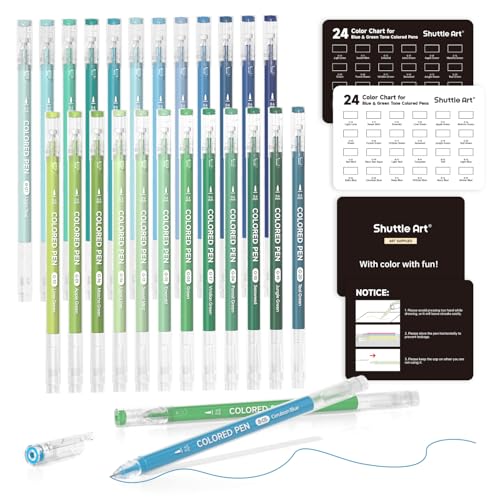 Shuttle Art Colored Pens, 24 Blue & Green Tone Colors Cute Journal Pens 0.6mm Fine Point Colored Gel Pens for Black Paper Adult Coloring Writing Drawing Journaling Note Taking School Office Home - color: 24 Colors