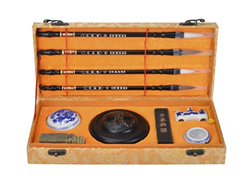 I-MART Chinese Calligraphy Set for Beginners with 4 Brushes, Ink Stone, Ink Stick, Red Ink Paste, Seal, Porcelain Water Bowl, Brush Holder, Calligraphy Kits for Beginners and Sumi Painting