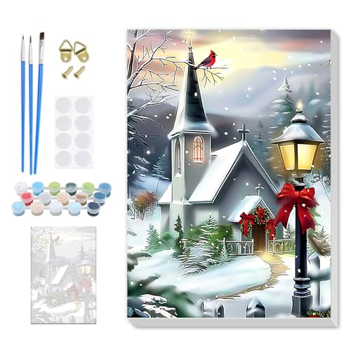 SENQAO Christmas Paint by Numbers for Adults Framed, Winter Church Adults' Paint-by-Number Kits, Adult Paint by Number Kits on Canvas, Acrylic Number Painting for Home Decor, 8x12inch - color: Church