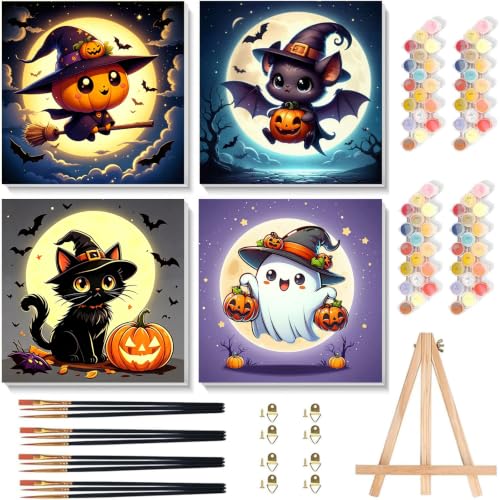 Arttoplus 4 Pack Halloween Paint by Numbers Kit for Kids with Frame 8x8in | Halloween Kids Paint by Numbers Ages 4-8-12 with Wooden Easel, Easy Oil Painting by Number for Gift Home Wall Decor - color: BKH2600+BKH2601+BKH2602+BKH2603-US