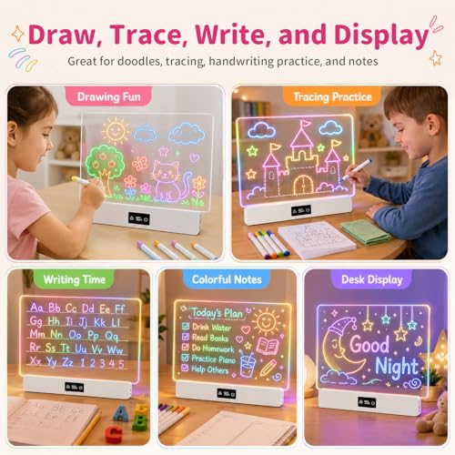 OUTON Rechargeable LED Drawing Board for Kids, 16" Glow Doodle LED Note Board with 8 Colors, 3 Light Effects, Reusable Neon Light Up Drawing Tablet Gift for Girls and Boys with Battery Display, White - color: White