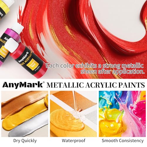 AnyMark Metallic Acrylic Paint, 36 Colors Acrylic Paint Set with 12 Brushes | Art Kit Painting Supplies for Adults Canvas, Rock, Wood and Fabric, 2 fl oz/60ml Bottles - color: Metallic