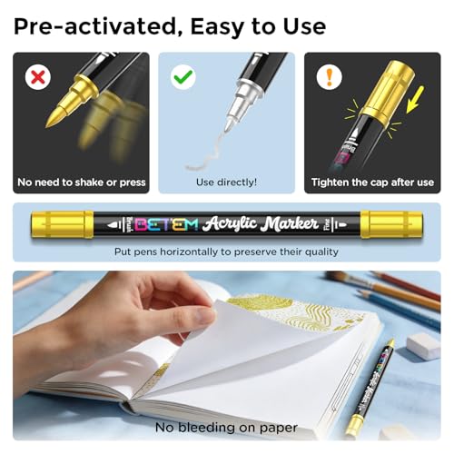 Betem 2 Gold & Silver Paint Markers for Glass, Dual Tip Acrylic Paint Pens | Window, Fabric, Wood, Rock, Canvas, Acrylic Markers with Fine & Brush Tip, Art & Craft Supplies, Wine Glass Markers
