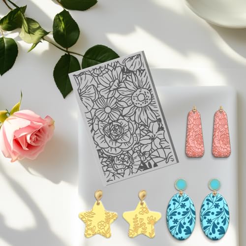 6 PCS Polymer Clay Texture Sheets Plants Clay Texture Mat for Using with Clay Cutters Pottery Earrings Jewelry DIY Making - style: Plant and Flower Theme-6pcs