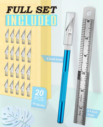 DIYSELF Precision Hobby Knife Set with 20#11 Blades, 6-Inch Metal Ruler | Precision Hobby Knife with Steel Ruler for DIY, Art & Model Making, Exacto Knife Kit, Artists & Modelers, Blue - color: Blue-20
