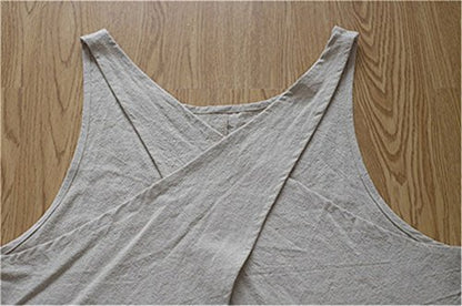Cotton Linen Japanese Apron Halter Cross Back Bandage X Shape Aprons Two Pockets - color: Army Green