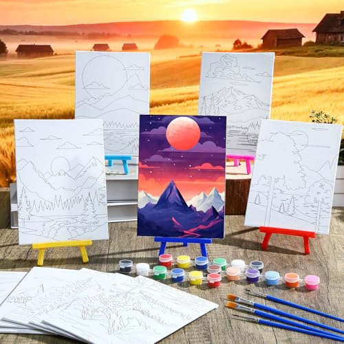 Blosssound 10 Set Pre Printed Canvas Pre Drawn Canvas Painting with Easel Kits 5" x 7" Outline Painting Panels for Beginners, DIY Craft Project, Party Favor, Home Decors(Sunset) - style: Sunset