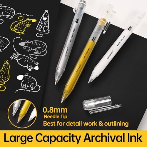 GETHPEN White Gel Pens, 0.8mm Fine Point Opaque White Ink Pens, 3 Pack | Opaque White Gel Ink Pens for Black Paper Drawing, Sketching, Bullet Journaling, Card Making, Illustration - size: 3 Count (Pack of 1), style: 3 Pack White