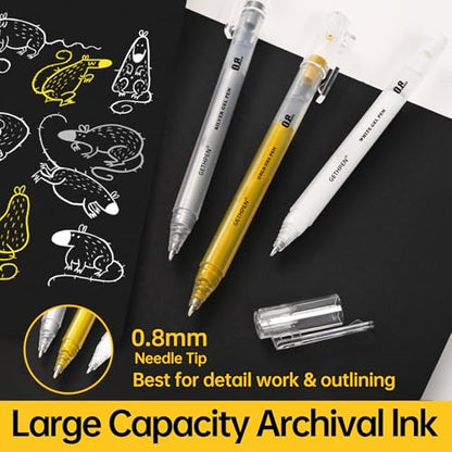 GETHPEN White Gel Pens, 0.8mm Fine Point Opaque White Ink Pens, 3 Pack | Opaque White Gel Ink Pens for Black Paper Drawing, Sketching, Bullet Journaling, Card Making, Illustration - size: 3 Count (Pack of 1), style: 3 Pack White