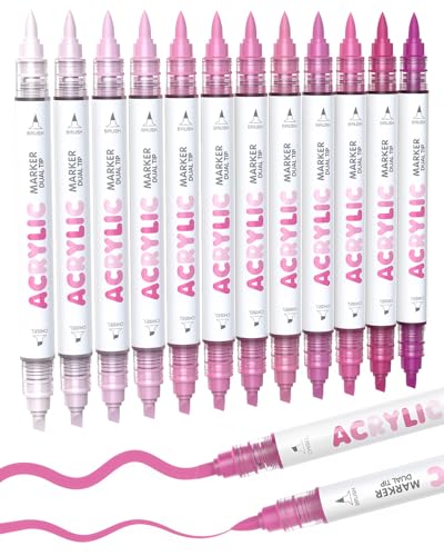 Guangna 12 Pink Dual Tip Acrylic Paint Markers, Brush Tip & Chisel Tip Acrylic Paint Pens for Rock, Wood, Glass, Paper, Coloring Book, Ceramic, Canvas, Water-Based Ink - color: Pink