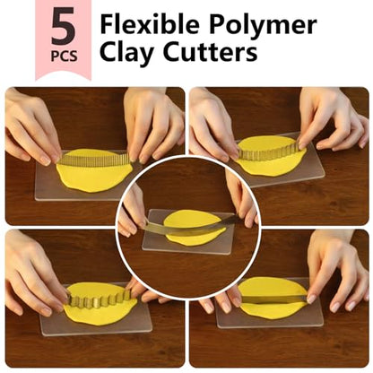 Polymer Clay Cutters - Premium Stainless Steel Clay Cutting Tools Set with 2 Straight Tissue Blades for Polymer Clay, 3 Curved Wave Blades, Professional Clay Slicing Tool Kit -Protect Fingers - size: 5