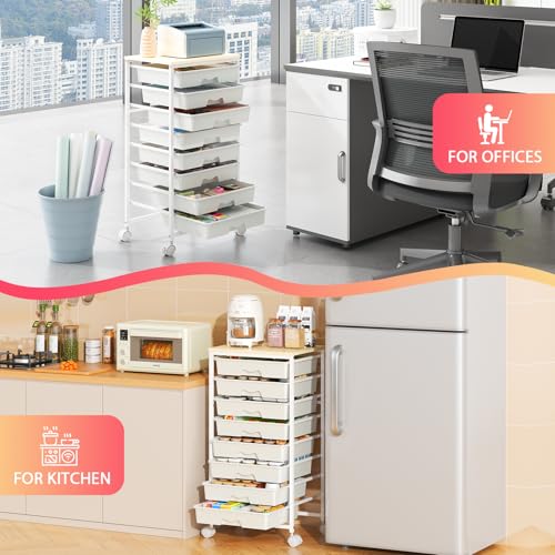 Goovilla Rolling Cart with 8 Drawers for Art, Dorm, Office, Craft, White | Utility Cart Organizer With 8 Removable Drawers and Wooden Tabletop, Lockable Rolling Storage Organizer for Classroom, Home - size: White