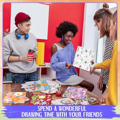 Teling 12 Pcs Pre Drawn Stretched Canvas Kit for Adults Painting Pre Printed Canvas Outline for DIY Painting Party Favor,6 x 6 x 0.6 Inches(Flower) - style: Flower