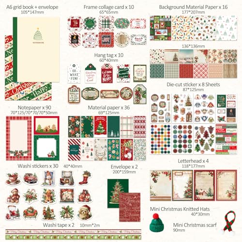 Christmas Scrapbooking Supplies Kit, Aesthetic New Year Festival Scrapbook Kits for Bullet Junk Journal, Stationery, Notebook, DIY Cute Journaling Supplies, Craft Christma Gift for Teen Girl Women - color: Merry Christmas and New Year