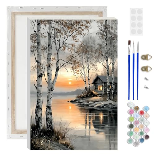 Lxmsja Lakeside Cabin Paint by Numbers Kit for Adults, Birch Trees Acrylic Paint by Numbers for Adults Beginner, DIY Craft Supplies Oil Painting Kits for Home Wall Decor 8x12 inch (Framed) - color: white#115