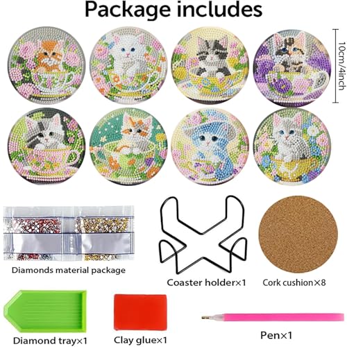 Mrnsiet 8PCS Cat Diamond Art Coaster Kits for Adults, DIY Cat Diamond Painting Coaster with Holder, Non Slip Hardwood Bases Coaster Set Gift for Beginners 4x4 Inch - color: Bdwy475-us