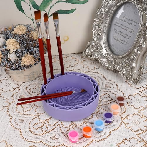 Pen Brush Washer, Watercolor Brush Cleaner, Silicone Brush Bowl Clean, Brush Holder Cleaner, Watercolor Painting Water Cup for Acrylic Oil Painti (1Pcs Purple) - color: Purple