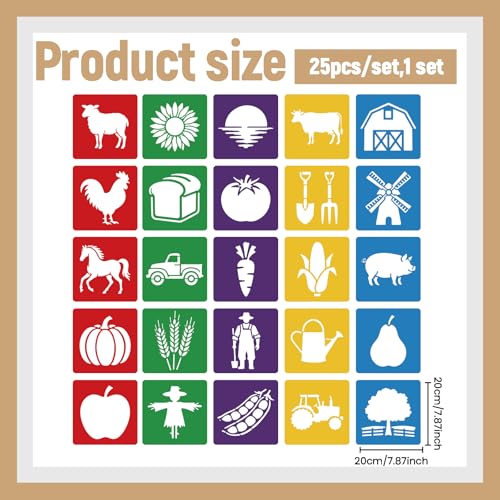 CUTHOLLOW Animals Fruit Plant Stencils, 24PCS 8-Inch Reusable Plastic | 24PCS 8-Inch Animals, Fruit & Plant Shapes, Reusable Washable Plastic, Painting, Crafts, Wall Art & Sidewalk Chalk - style: Farm Theme
