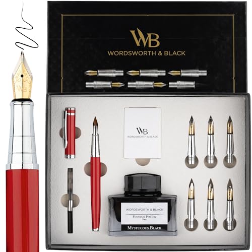 Wordsworth & Black Luxury Calligraphy Pen Set for Writing, 6 Nibs, Red | Fountain Ink Bottle, Cartridges & Refill Converter, Refillable, Red, High End Gift for Men & Women, Journaling & Lettering - color: Red Chrome
