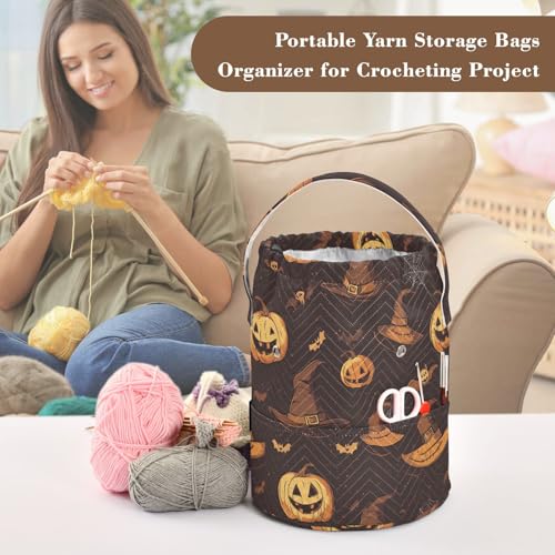 Yarn Bag Small Crochet Bag Drawstring Yarn Storage Organizer Knitting Project Bags Potable Yarn Holder with Holes Handle Crocheting Needles Knitting Accessories Brown Witch Hat Bat Halloween - color: Brown Witch Hat Bat Halloween