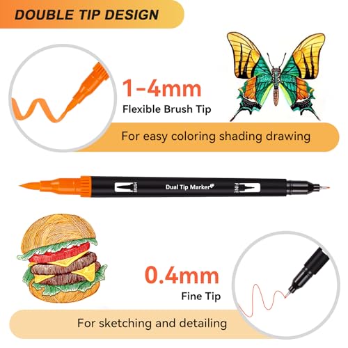 Artugn 120 Colors Dual Markers Brush Pens for Adult Coloring Books with Bag | Art Marker Set with Fine & Brush Tip Pen for Bullet Journaling, Coloring, Drawing, Hand Lettering, Calligraphy, Art Supplies - color: 120 Colors