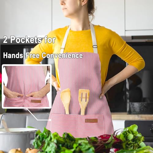 BeLuyi Adjustable Bib Apron with 2 Pockets Chef Cooking Kitchen Restaurant Aprons for Women Men - color: Red Pinstripes