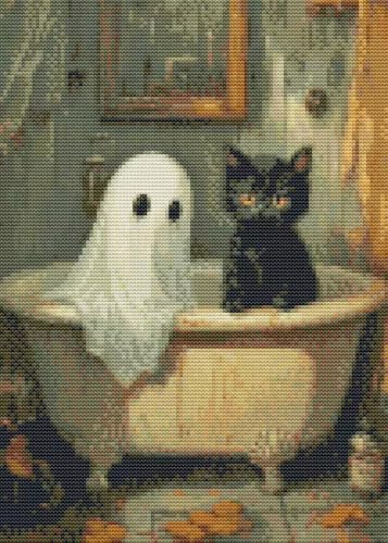Eiazuiks Halloween Stamping Cross Stitch Kit, Ghosts and Cat Halloween Counting Cross Stitch Kit for Adult Beginners, Full Line DIY Stitching Kit for Home Decor Cross Stitch Patterns 12x16 inches - color: Ghosts and Cat