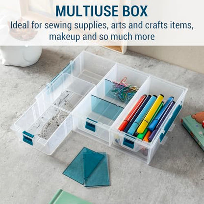 MyGift Single Stackable Tray, Add-on for 11 Inch Clear Arts & Crafts Storage Box with Blue Accents, 9 Compartment Sewing Supplies Organizer 3 Drawers and Removable Dividers - color: Clear& Blue (Add on Tray Only)