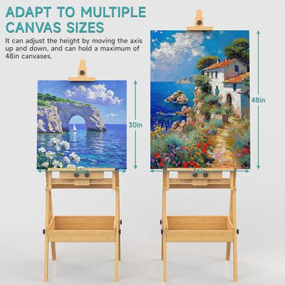 Solid Beech Wood H-Frame Easel with 2 Palette and Storage - color: Natural Wood