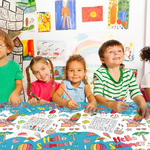 Giant Hello Summer Party Coloring Tablecloth for Kids - Huge Summer Theme Table Cover Large Watermelon Ice Cream Painting Poster for Children Birthday Party Supplies 54x108 Inch - color: Hello Summer