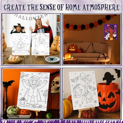 Sherr 96 Pcs Pre Drawn Canvas Kit 12 Sets with Easel Apron,Halloween | Adult Painting Party Set with Brushes Paints Wine Glasses, 8x10 Ready to Paint, DIY Craft for Paint Parties and DIY Crafts - style: Halloween