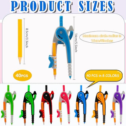 40 Pcs Plastic Math Compasses Set with Yellow Pencils Compass Geometry Tool for Students Classroom Art Projects, 8 Colors
