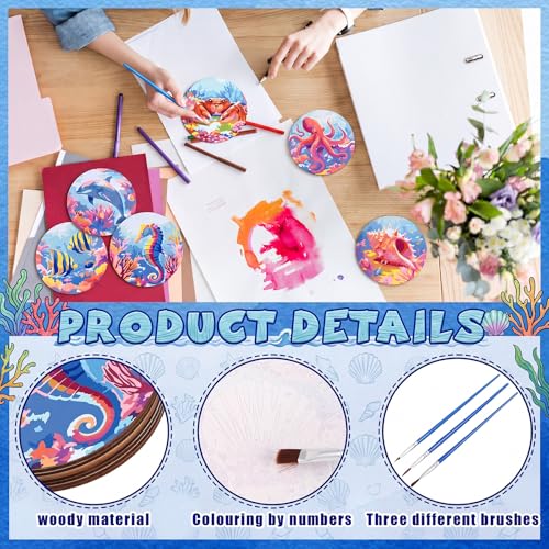 Reallnaive 8 Pcs Ocean Paint by Numbers Kit for Adults Wood Coastal Coaster | Mini Paint by Numbers, Tiny Marine Animal Round Oil Painting Drink Coaster with Holder, for Small DIY Craft Pink Blue Gift - style: Ocean