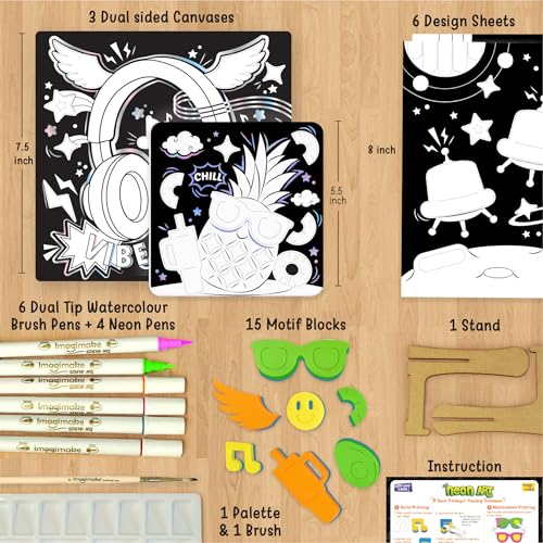 Imagimake DIY Neon Art Kit, 12 Creative Activities for Kids Ages 8+ | 3 Dual-Sided Canvases, 15 Motif Stamps, Neon Brush Pens & Painting Tools, Complete DIY Art Kit, Gift for Boys & Girls - style: Neon Art Kit