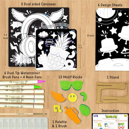 Imagimake DIY Neon Art Kit, 12 Creative Activities for Kids Ages 8+ | 3 Dual-Sided Canvases, 15 Motif Stamps, Neon Brush Pens & Painting Tools, Complete DIY Art Kit, Gift for Boys & Girls - style: Neon Art Kit