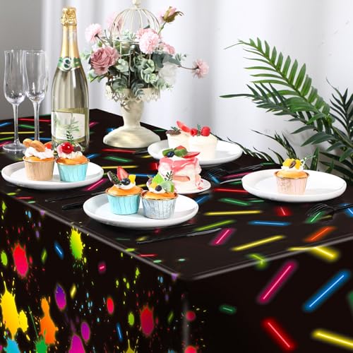 VitalCozy 6 Pcs 80s Neon Glow in The Dark Tablecloths for Party Supplies | Disposable Neon Table Cloths, 54 x 108 Inch, Plastic, Glow Party Table Covers, Halloween, Birthday, Black Light Party