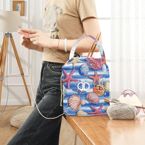 Blue Striped Starfishes Seashells Corals Yarn Bag Small Crochet Bag Drawstring Yarn Storage Organizer Knitting Project Bags Potable Yarn Holder with Holes Handle Crocheting Needles Knitting A - color: Blue Striped Starfishes Seashells Corals
