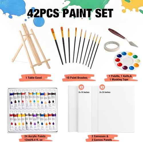 42PCS Acrylic Paint Kits for Adults, Art Supplies Set with Easel | 24 Colors Acrylic Paints (0.4 fl oz), Pine Wood Easel, Brushes, Canvas, Complete Art Supplies Kit for Adults & Beginners - style: 42pcs