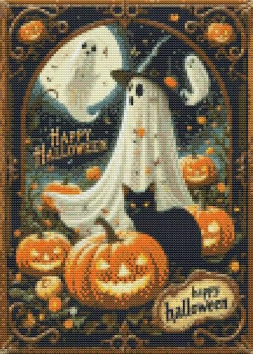 Eiazuiks Halloween Stamping Cross Stitch Kit, Pumpkin Ghost Halloween Counting Cross Stitch Kit for Adult Beginners, Full Line DIY Stitching Kit for Home Decor Cross Stitch Patterns 12x16 inches - color: Pumpkin Ghost