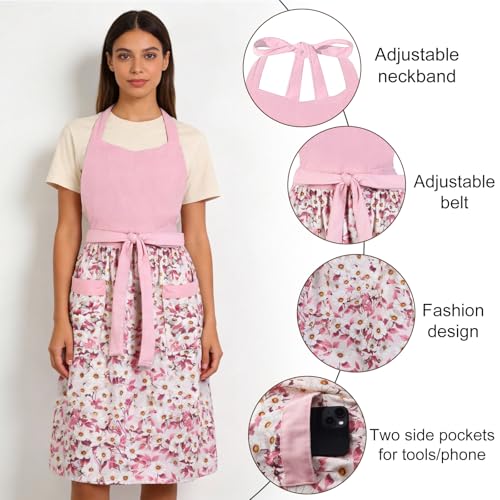 Cute Floral Apron for Women with Pockets, Cotton, Adjustable Straps - color: Rose Pink