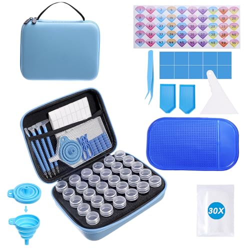 LYMUSUMI Diamond DIY Art Storage 30 Slots Containers | Portable Bead Storage Boxes for Diamond Painting Accessories and Tools for Adults Blue - color: Macaron blue